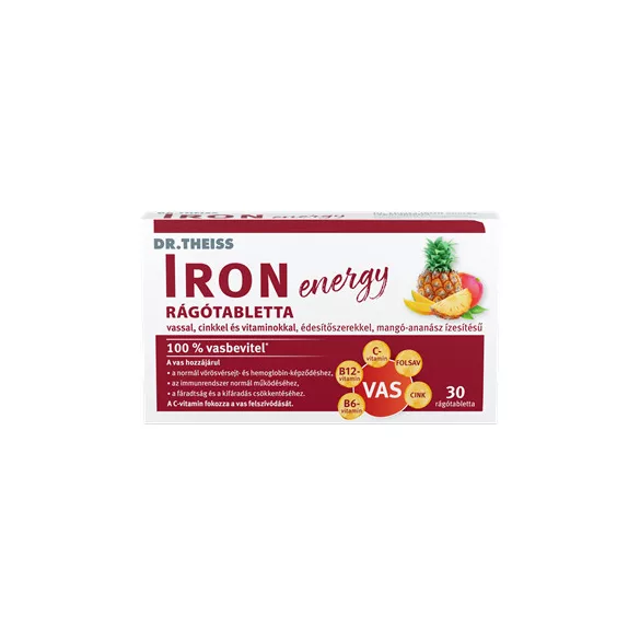 Dr. theiss iron energy rágótabletta édesítőszerekkel mangó-ananász ízesítésű 30db