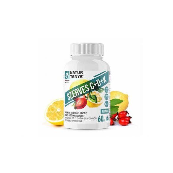 Natur Tanya® 1000 mg Retard C-vitamint 60 db, D3- és K2-vitaminokat, valamint csipkebogyó kivonatot és citrus bioflavonoidokat tartalmazó, szerves, nyújtott felszívódású tabletta