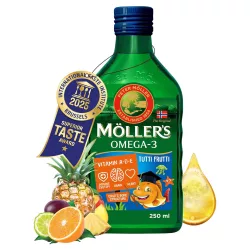   Möllers omega-3 halolaj étrend-kiegészítő a, d és e-vitaminnal, tutti-frutti ízesítéssel 250 ml