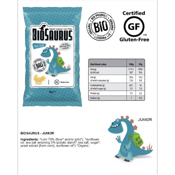 BioSaurus Bio Kukorica Snack - tengeri só 50 g  Új termék